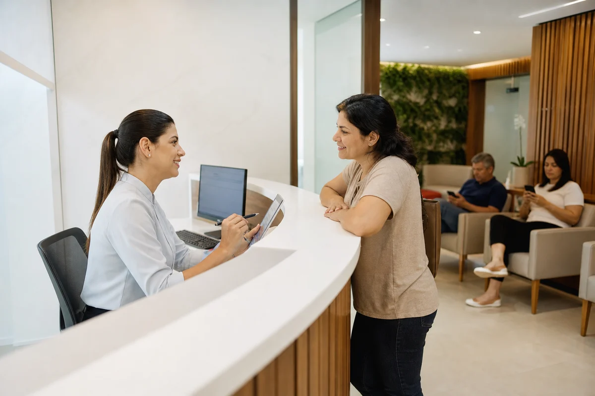 Secretária de clínica odontológica no balcão da recepção conversando com um paciente sobre um plano de tratamento