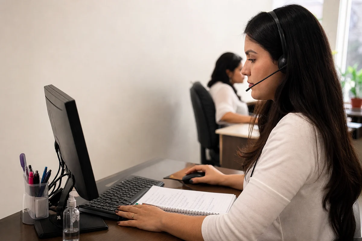 Atendente de headset em uma mesa simples, celular apoiado mostrando um aplicativo de mensagens e um caderno de anotações ao lado