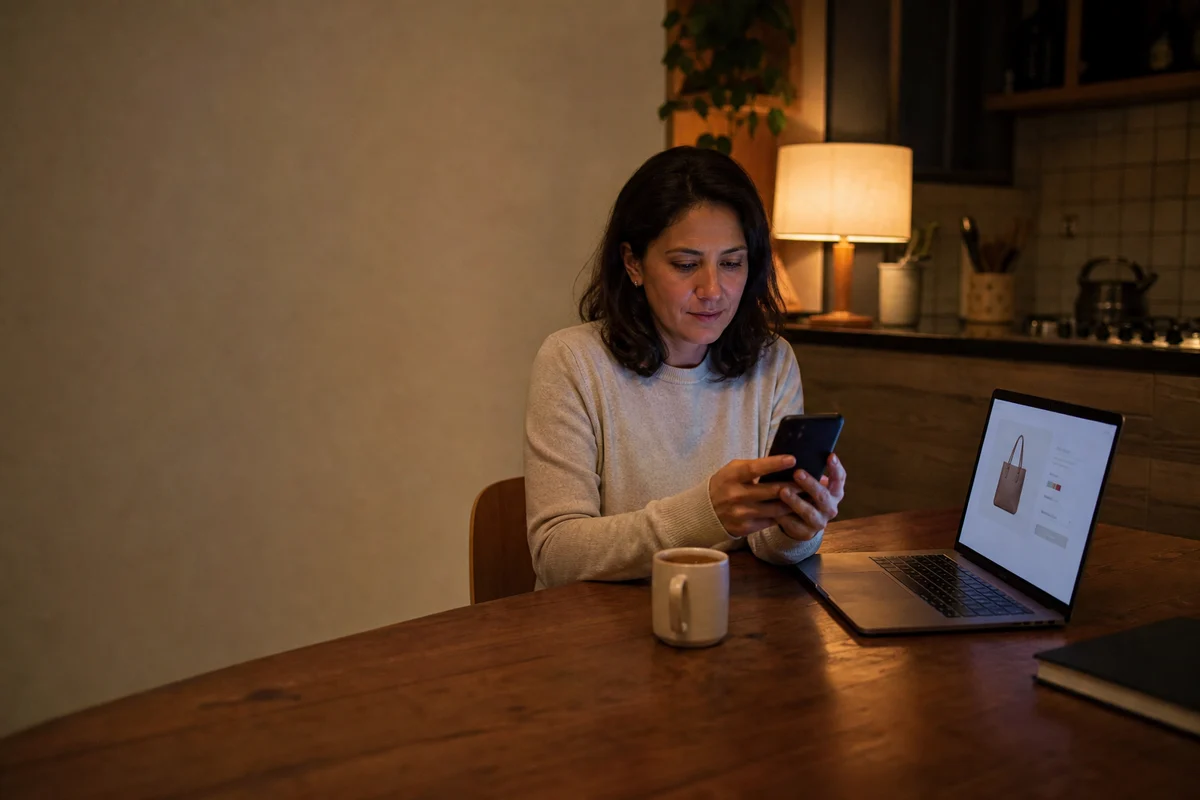 Mulher à mesa da cozinha à noite, celular na mão e um notebook ao lado com uma compra pela metade