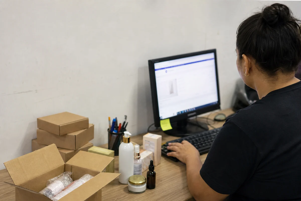 Vista por cima do ombro de alguém preenchendo dados de produto, com caixas e amostras em volta do teclado