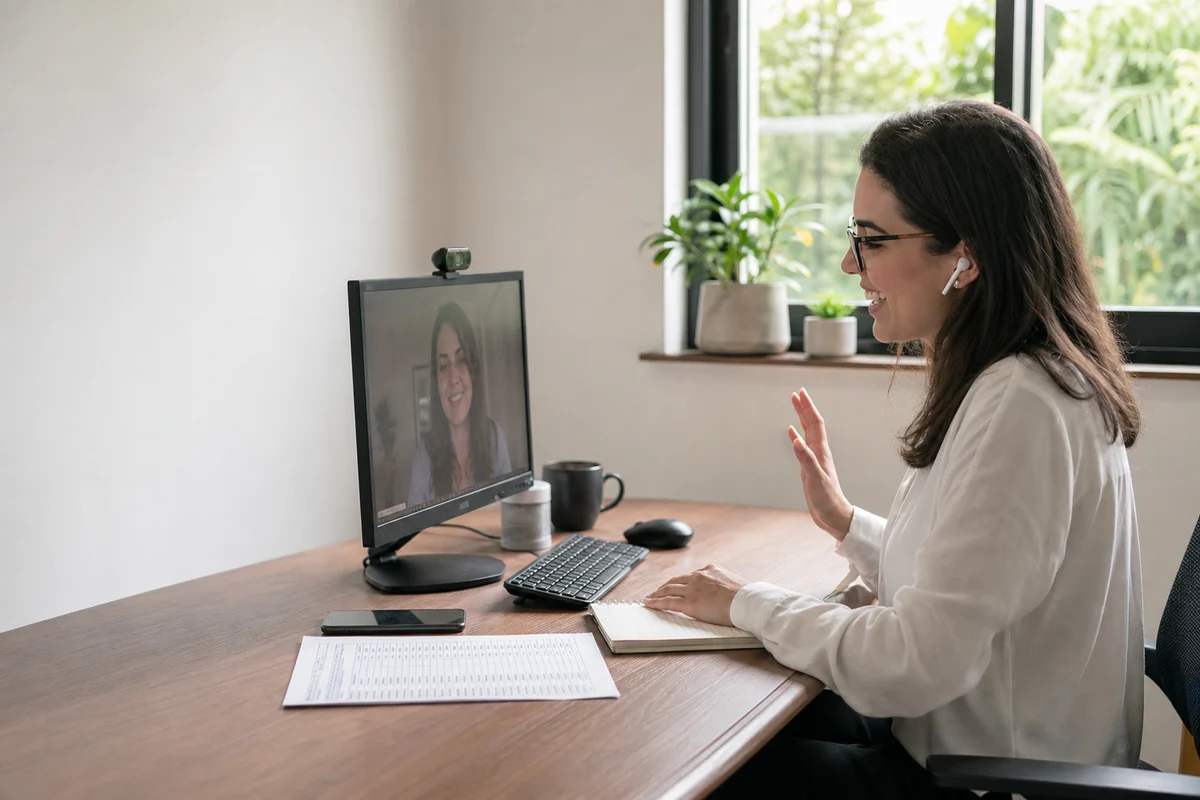 Gerente de sucesso do cliente em videochamada na sua mesa, sorrindo, com uma lista de contas impressa ao lado do teclado