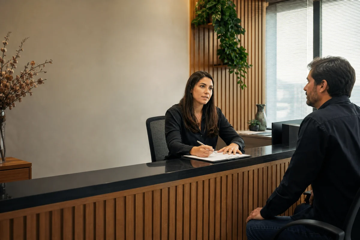 Recepcionista de escritório de advocacia anotando enquanto conversa com alguém sentado do outro lado do balcão